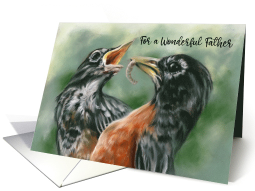 Fathers Day Robin Feeding Chick Pastel Bird Art card (1733292)