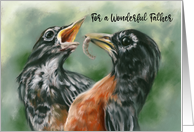 Fathers Day Robin Feeding Chick Pastel Bird Art card