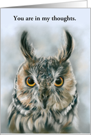 Thinking of You Long Eared Owl Bird Portrait Art Personalized card