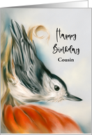 Birthday Cousin Nuthatch on Autumn Pumpkin Pastel Bird Art Custom card