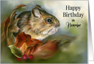 November Birthday Wood Mouse Autumn Leaves Cute Animal Art card