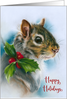 Happy Holidays Winter Squirrel with Holly Pastel Animal Art card