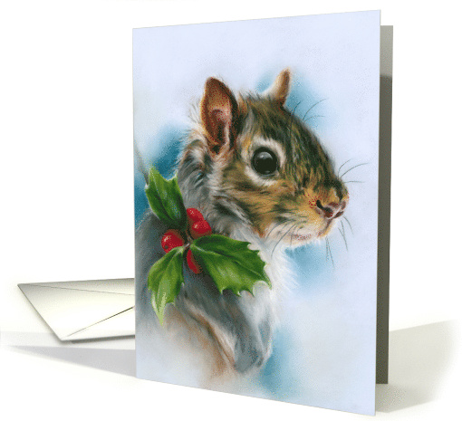 Any Occasion Winter Squirrel with Holly Pastel Animal Art Blank card