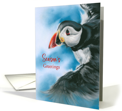 Seasons Greetings Puffin in Flight Pastel Bird Art card (1739588)
