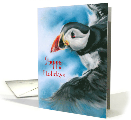Happy Holidays Puffin in Flight Pastel Bird Art card (1739590)