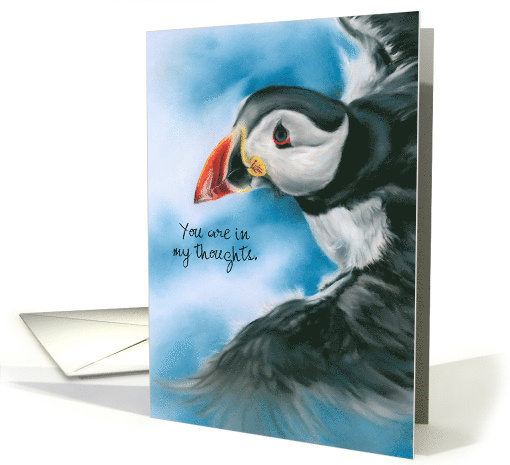 Thinking of You Puffin in Flight Pastel Bird Art Personalized card