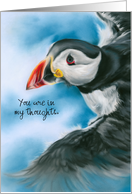 Thinking of You Puffin in Flight Pastel Bird Art Personalized card
