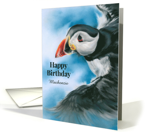 Birthday for Custom Name Atlantic Puffin in Flight Bird Art M card