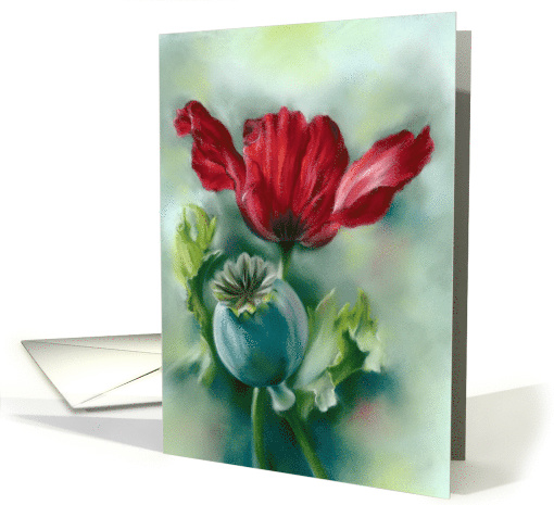 Any Occasion Red Poppy and Seed Pod Floral Pastel Art Blank card