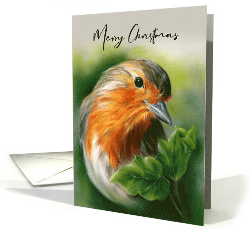 Merry Christmas European Robin Bird Green Ivy Pastel Art card