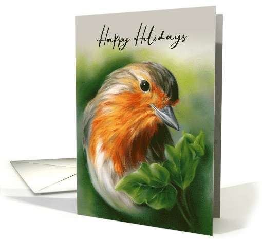 Happy Holidays European Robin Bird Green Ivy Pastel Art card (1741712)