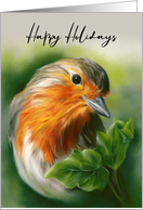 Happy Holidays European Robin Bird Green Ivy Pastel Art card