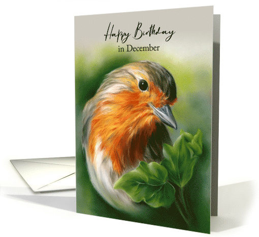 December Birthday European Robin Bird Green Ivy Pastel Art card