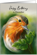 December Birthday European Robin Bird Green Ivy Pastel Art card