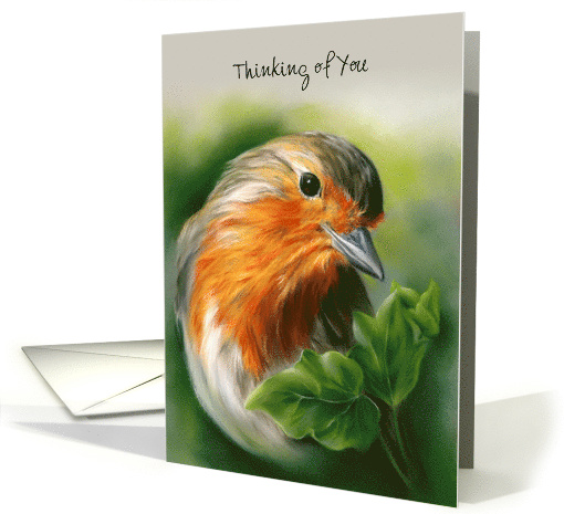 Thinking of You European Robin Bird Green Ivy Pastel Art Custom card