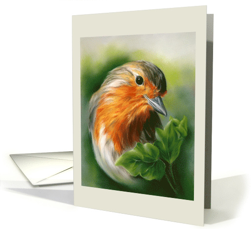Any Occasion European Robin Bird Green Ivy Pastel Art Blank card