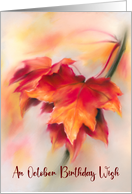 October Birthday Wish Autumn Red Maple Leaves Art card