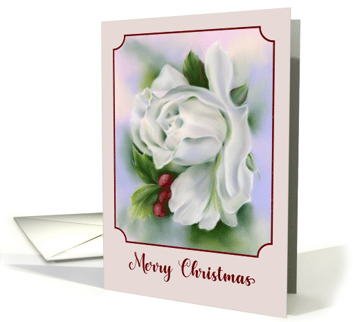 Merry Christmas White Rose Flower Winter Holly Seasonal Art card