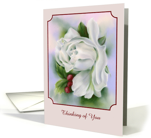 Thinking of You White Rose Flower Winter Holly Personalized card