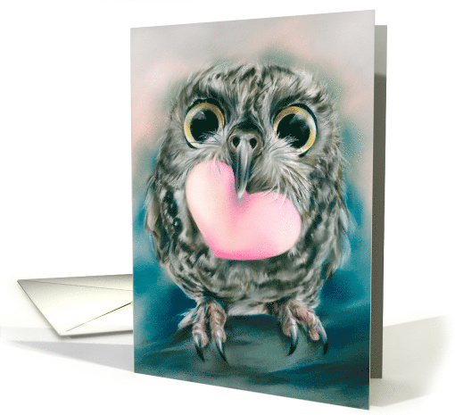 Any Occasion Cute Owl with Large Eyes and Heart Bird Art Blank card