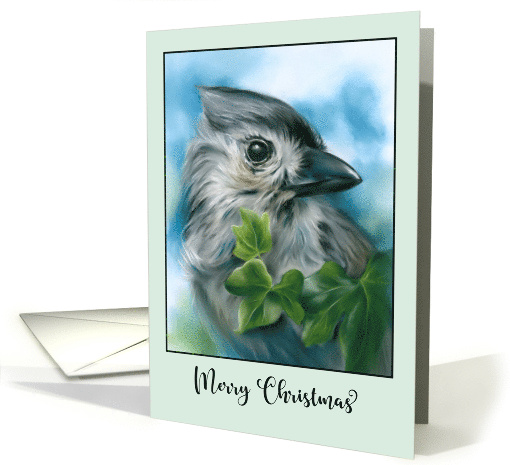 Merry Christmas Small Gray Bird Tufted Titmouse Pastel Art card