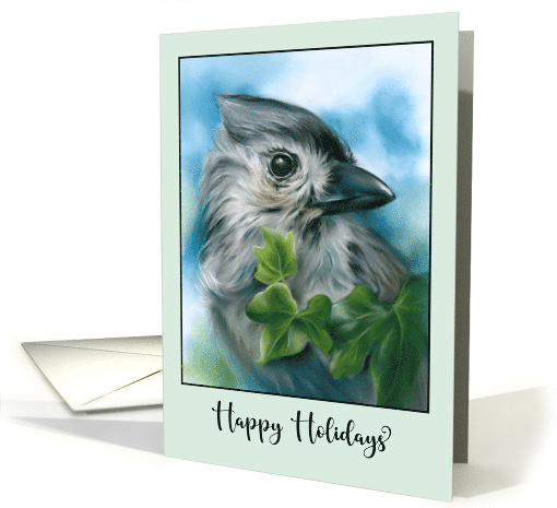 Happy Holidays Small Gray Bird Tufted Titmouse Pastel Art card