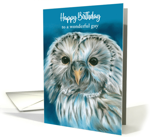 Birthday for Him White Owl on Blue Pastel Bird Art Custom card