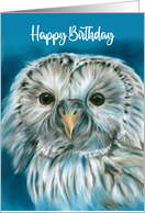 Happy Birthday White Owl on Blue Pastel Bird Art card