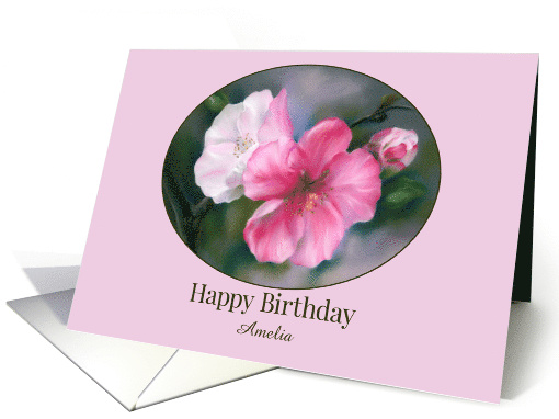 Birthday Personalized Name Pink Quince Flowers Pastel Floral A card
