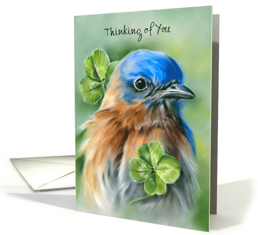Thinking of You Bluebird with Lucky Clover Pastel Bird Art Custom card