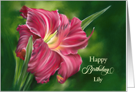 Birthday for Personalized Name Red Daylily Flower on Green Lily card