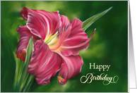 Happy Birthday Red Daylily Flower on Green Pastel Art card