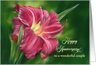 Wedding Anniversary Couple Red Daylily Flower on Green Custom card