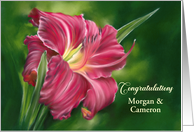 Wedding Congratulations Red Daylily Flower on Green Personalized card