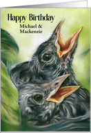 Birthday for Twins Custom Names Robin Chicks in Nest Pastel Bird Art card