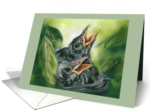 Any Occasion Robin Chicks in Nest Pastel Bird Art Blank card (1761626)