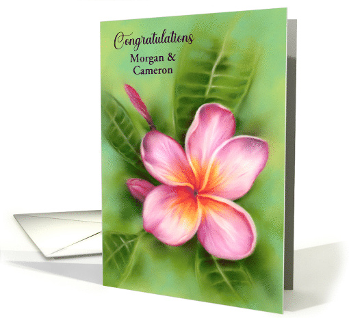 Wedding Congratulations Custom Names Frangipani Plumeria Flower card