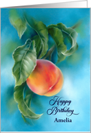 Birthday Personalized Name Peach Fruit with Leaves Pastel Art A card