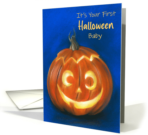 First Halloween Baby Goofy Grinning Pumpkin Face Personalized card