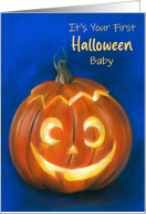 First Halloween Baby Goofy Grinning Pumpkin Face Personalized card