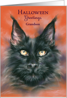 Halloween for Grandson Spooky Black Cat Portrait Custom card