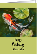 Birthday for Personalized Name Colorful Koi Fish with Lily Pads A card