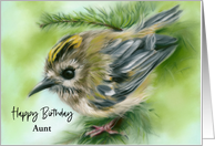 Birthday for Aunt Goldcrest Bird in Evergreen Personalized card