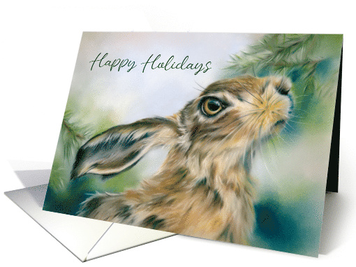 Happy Holidays Hare Wildlife in Winter Pastel Animal Art card