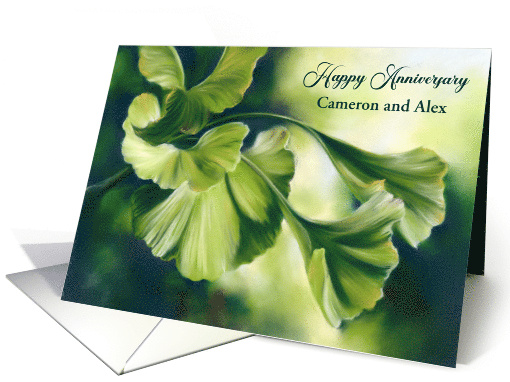 Wedding Anniversary Custom Names Sunlit Green Ginkgo Leaves card