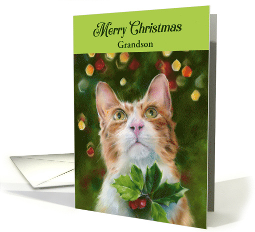 For Grandson Ginger Cat Holly Merry Christmas Custom card (1797834)