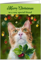 For Friend Ginger Cat Holly Merry Christmas Personalized card