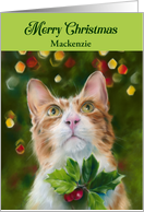 For Personalized Name Ginger Cat Holly Merry Christmas M card