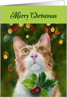 Merry Christmas Ginger Cat Holly Holiday Art card