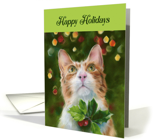 Happy Holidays Ginger Cat Holly Christmas Art card (1797930)